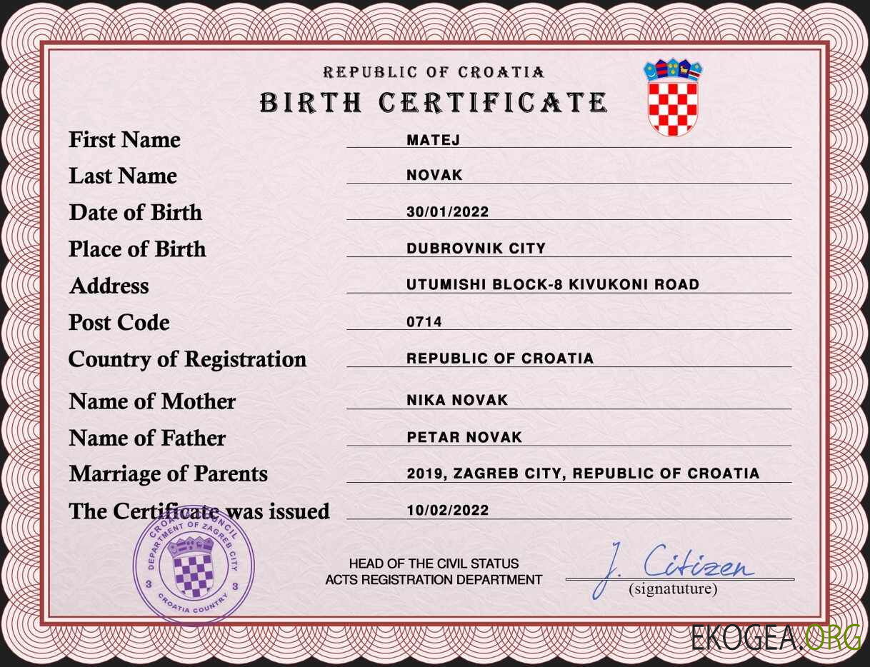 Modèle PSD de certificat de naissance de l'état civil de Croatie